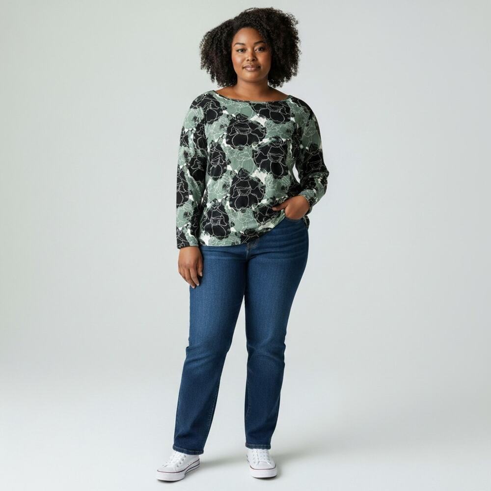 NWT Soya Concept Green & Black Floral Scoop Neck Long Sleeve Top #1771 Size SM